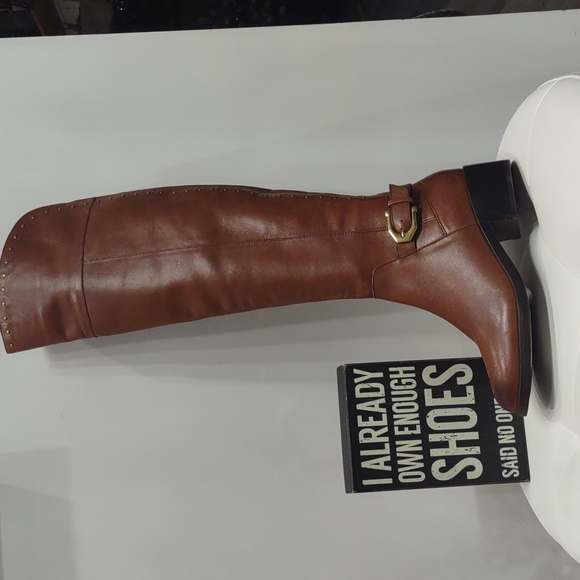 Knee high Cognac Brown studded buckle equestrian leather boots Gibson Latamier
